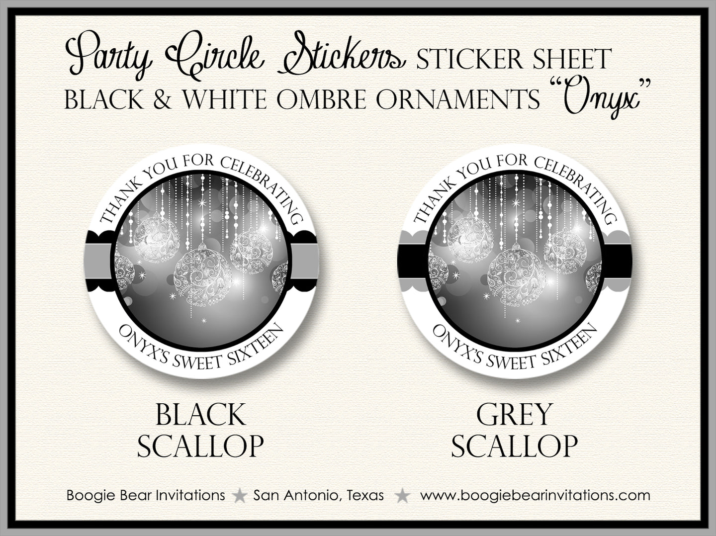 Black Glowing Ornament Party Stickers Circle Sheet Round Birthday Grey Boogie Bear Invitations Onyx Theme