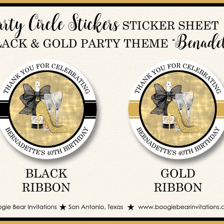 Black Gold Fashion Party Stickers Circle Sheet Round Birthday High Heels Chic Boogie Bear Invitations Bernadette Theme