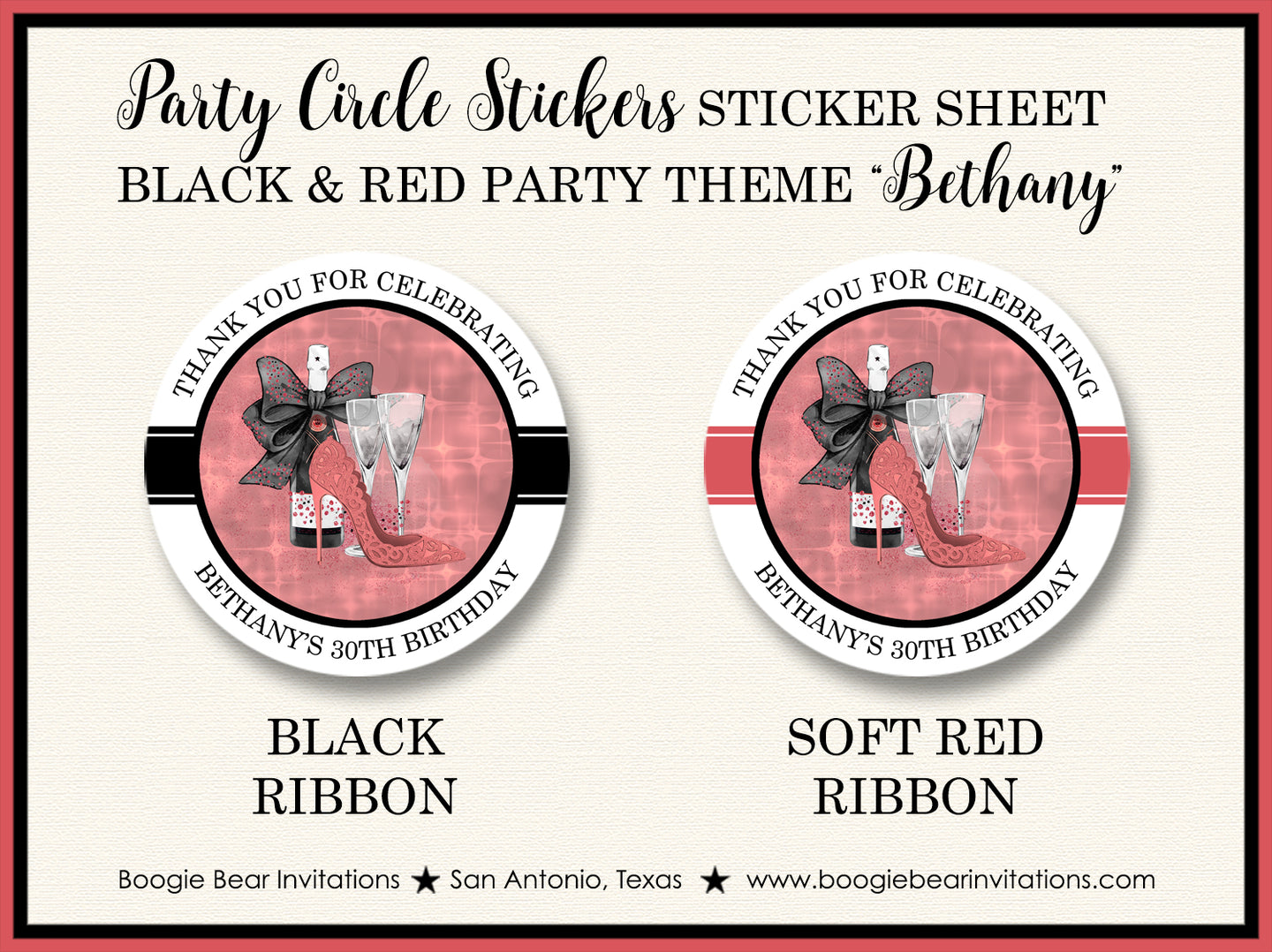 Black Red Fashion Party Stickers Circle Sheet Round Birthday High Heels Chic Boogie Bear Invitations Bethany Theme