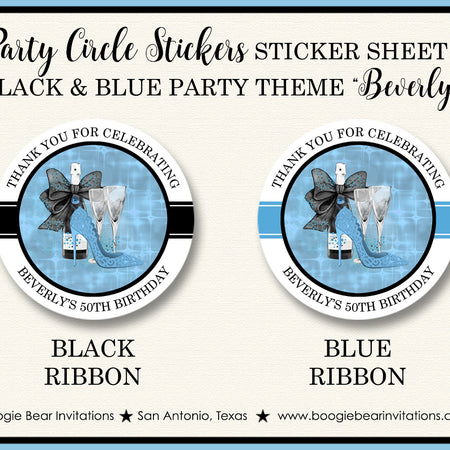 Black Blue Fashion Party Stickers Circle Sheet Round Birthday High Heels Chic Boogie Bear Invitations Beverly Theme