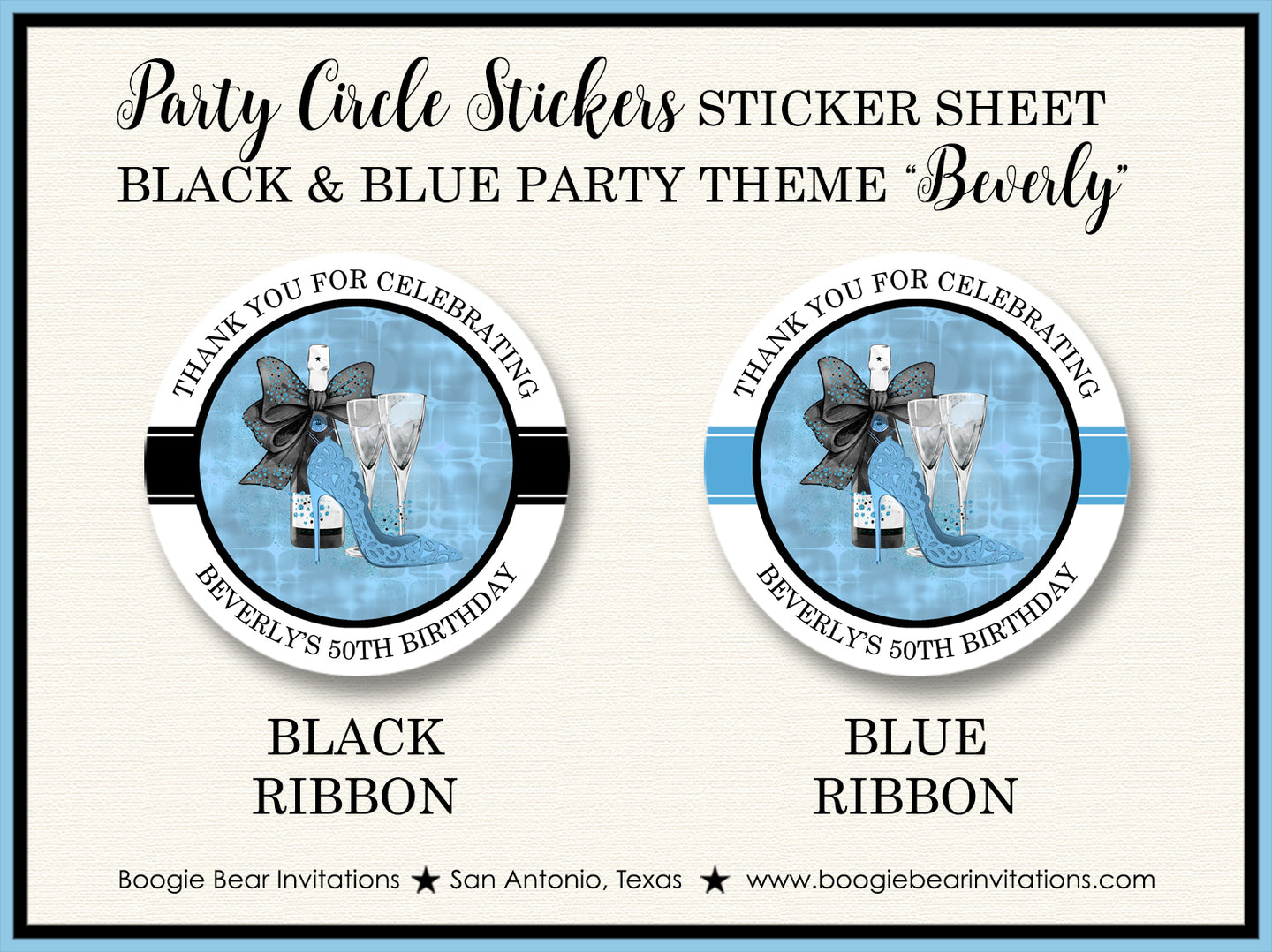Black Blue Fashion Party Stickers Circle Sheet Round Birthday High Heels Chic Boogie Bear Invitations Beverly Theme
