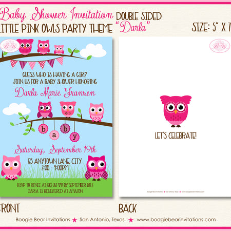 Pink Owl Girl Baby Shower Invitation Woodland Forest Boogie Bear Invitations Darla Theme Paperless Printable Printed