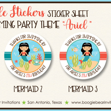 Mermaid Swimming Birthday Party Stickers Circle Sheet Pool Ocean The Sea Boogie Bear Invitations Ariel Theme