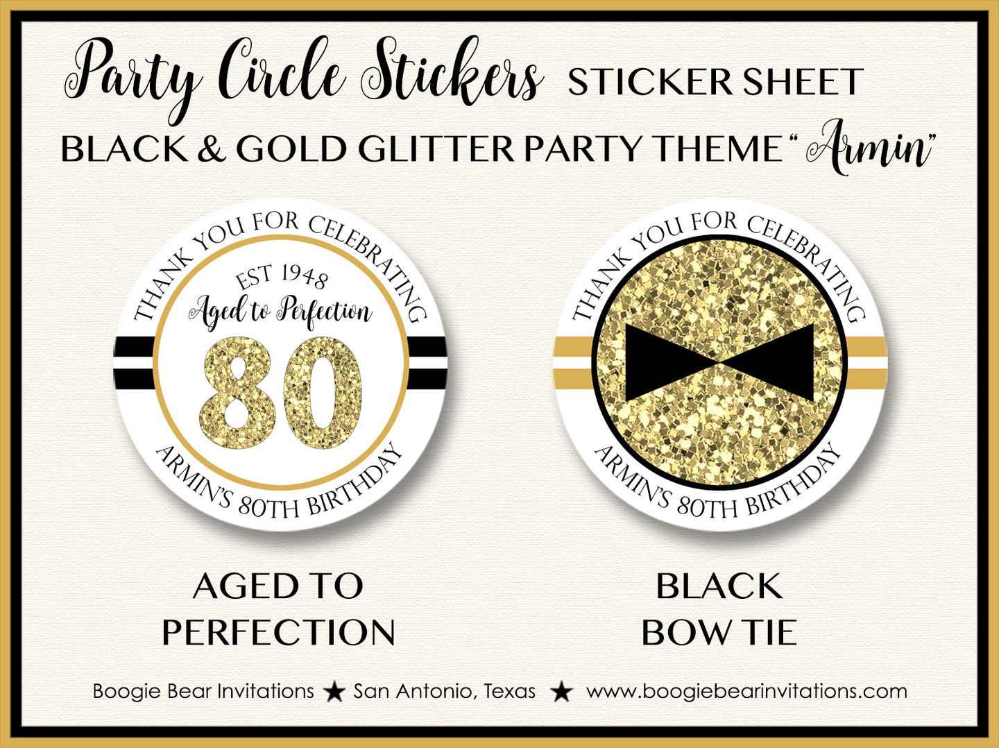 Black Gold Glitter Birthday Party Stickers Circle Sheet Aged to Perfection Boogie Bear Invitations Armin Theme