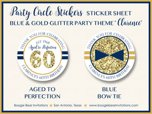 Blue Gold Glitter Birthday Party Stickers Circle Sheet Navy Aged to Perfection Boogie Bear Invitations Clarence Theme