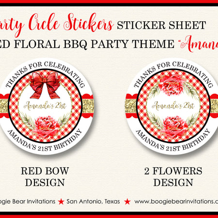 Red Gold BBQ Birthday Party Stickers Circle Sheet Flower Picnic Boogie Bear Invitations Amanda Theme
