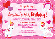 Load image into Gallery viewer, Valentine Unicorn Birthday Party Invitation Girl Pink Boogie Bear Invitations Amara Theme Paperless Printable Printed