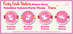 Valentine Unicorn Party Stickers Circle Sheet Birthday Girl Pink Boogie Bear Invitations Amara Theme