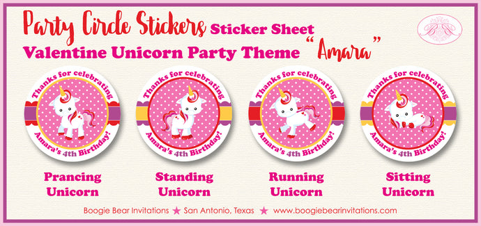 Valentine Unicorn Party Stickers Circle Sheet Birthday Girl Pink Boogie Bear Invitations Amara Theme