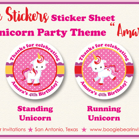 Valentine Unicorn Party Stickers Circle Sheet Birthday Girl Pink Boogie Bear Invitations Amara Theme