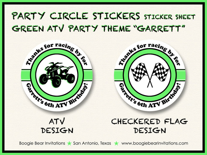 Green ATV Birthday Party Stickers Circle Sheet Round 4 Wheeler Boogie Bear Invitations Garrett Theme