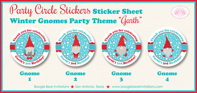 Winter Gnomes Party Stickers Circle Sheet Birthday Tag Red Blue Christmas Boogie Bear Invitations Garth Theme