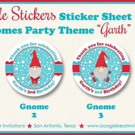 Winter Gnomes Party Stickers Circle Sheet Birthday Tag Red Blue Christmas Boogie Bear Invitations Garth Theme
