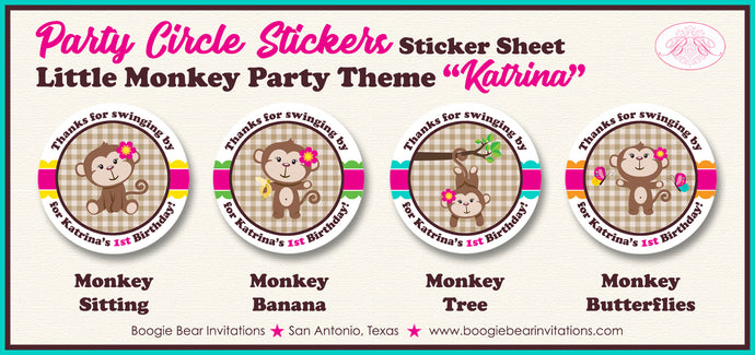 Pink Monkey Birthday Party Circle Stickers Sheet Round Girl Zoo Boogie Bear Invitations Katrina Theme