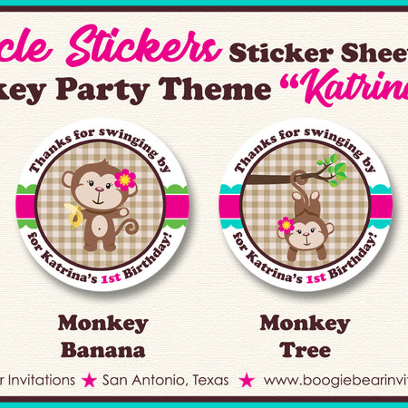 Pink Monkey Birthday Party Circle Stickers Sheet Round Girl Zoo Boogie Bear Invitations Katrina Theme