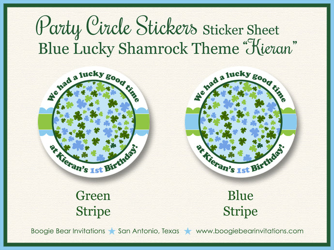 Blue Shamrock Birthday Party Stickers Circle Sheet Round Favor Lucky Charm Boogie Bear Invitations Kieran Theme