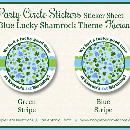Blue Shamrock Birthday Party Stickers Circle Sheet Round Favor Lucky Charm Boogie Bear Invitations Kieran Theme