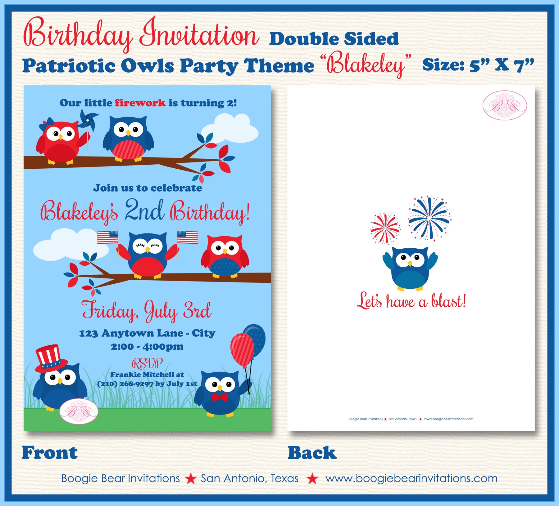 4th of July Birthday Party Invitation Day Owls Boogie Bear Invitations  Paperless Printable Printed Blakeley Theme, image size:1800x1632