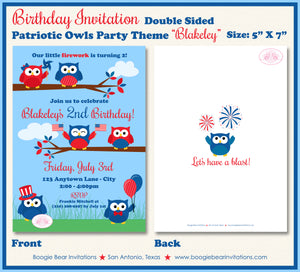 4th of July Birthday Party Invitation Day Owls Boogie Bear Invitations Paperless Printable Printed Blakeley Theme
