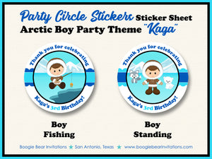 Eskimo Boy Birthday Party Stickers Circle Sheet Round Circle Arctic Tundra Boogie Bear Invitations Kaga Theme