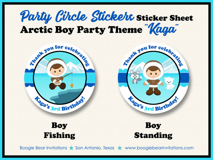 Eskimo Boy Birthday Party Stickers Circle Sheet Round Circle Arctic Tundra Boogie Bear Invitations Kaga Theme
