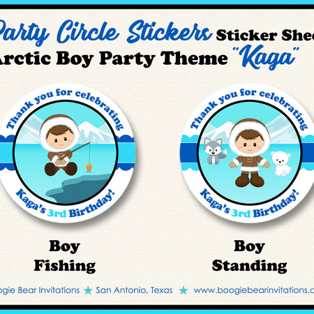 Eskimo Boy Birthday Party Stickers Circle Sheet Round Circle Arctic Tundra Boogie Bear Invitations Kaga Theme