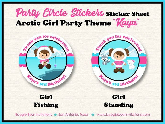 Eskimo Girl Birthday Party Stickers Circle Sheet Round Circle Arctic Tundra Boogie Bear Invitations Kaya Theme