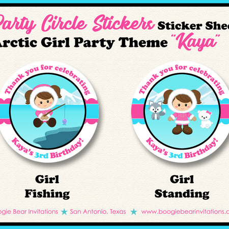 Eskimo Girl Birthday Party Stickers Circle Sheet Round Circle Arctic Tundra Boogie Bear Invitations Kaya Theme