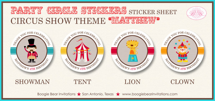 Big Top Circus Birthday Party Stickers Circle Sheet Animals Boogie Bear Invitations Matthew Theme