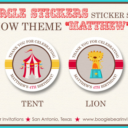 Big Top Circus Birthday Party Stickers Circle Sheet Animals Boogie Bear Invitations Matthew Theme