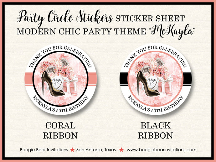Fashion Chic Party Stickers Circle Sheet Round Birthday High Heels Shoes Coral Boogie Bear Invitations McKayla Theme