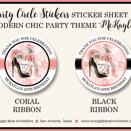 Fashion Chic Party Stickers Circle Sheet Round Birthday High Heels Shoes Coral Boogie Bear Invitations McKayla Theme