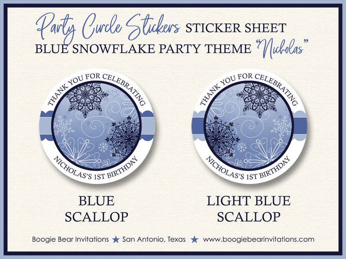 Blue Snowflake Party Stickers Circle Sheet Round Birthday Winter Christmas Boogie Bear Invitations Nicholas Theme