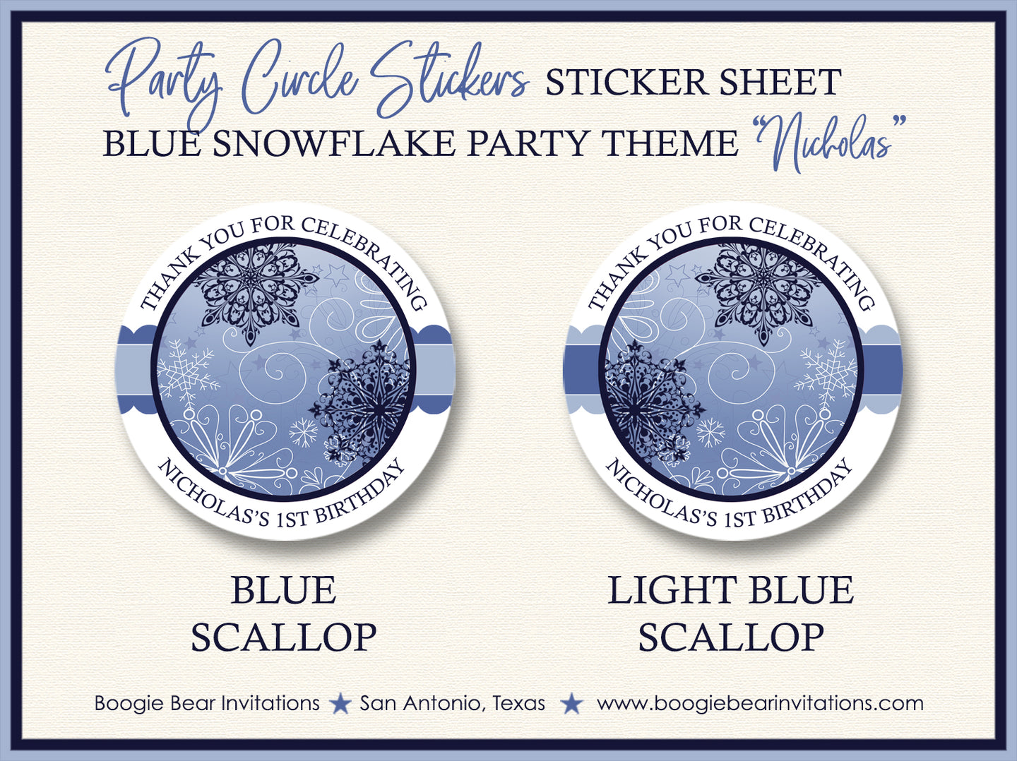Blue Snowflake Party Stickers Circle Sheet Round Birthday Winter Christmas Boogie Bear Invitations Nicholas Theme