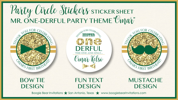 Mr Wonderful 1st Birthday Party Stickers Circle Sheet ONE Boy Green Gold Boogie Bear Invitations Omar Theme