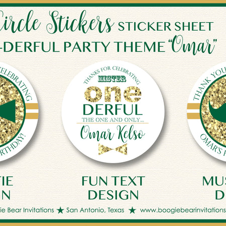 Mr Wonderful 1st Birthday Party Stickers Circle Sheet ONE Boy Green Gold Boogie Bear Invitations Omar Theme
