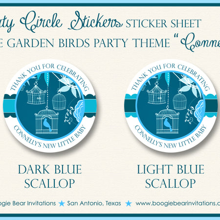 Birds Garden Baby Shower Party Stickers Circle Sheet Round Boy Blue Boogie Bear Invitations Connelly Theme