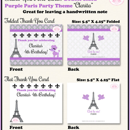 Purple Paris Party Thank You Card Birthday France French Boogie Bear Invitations Clarita Theme Printed