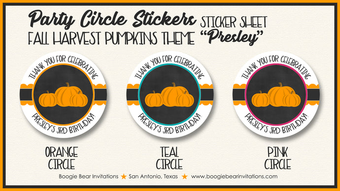 Chalkboard Pumpkin Birthday Party Stickers Circle Sheet Round Circle Fall Harvest Boogie Bear Invitations Presley Theme