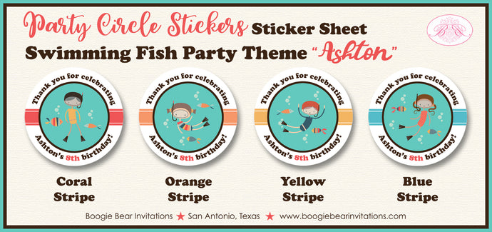Swimming Fishes Party Stickers Circle Sheet Birthday Pool Ocean Fish Boogie Bear Invitations Ashton Theme