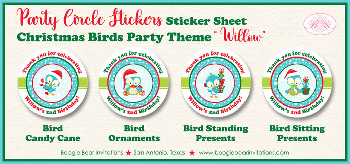 Christmas Birds Party Circle Stickers Birthday Winter Woodland Boogie Bear Invitations Willow Theme