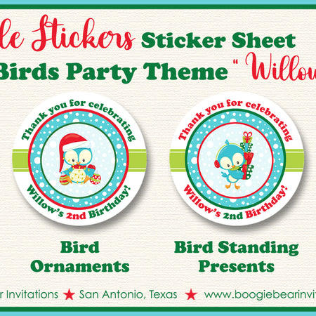 Christmas Birds Party Circle Stickers Birthday Winter Woodland Boogie Bear Invitations Willow Theme