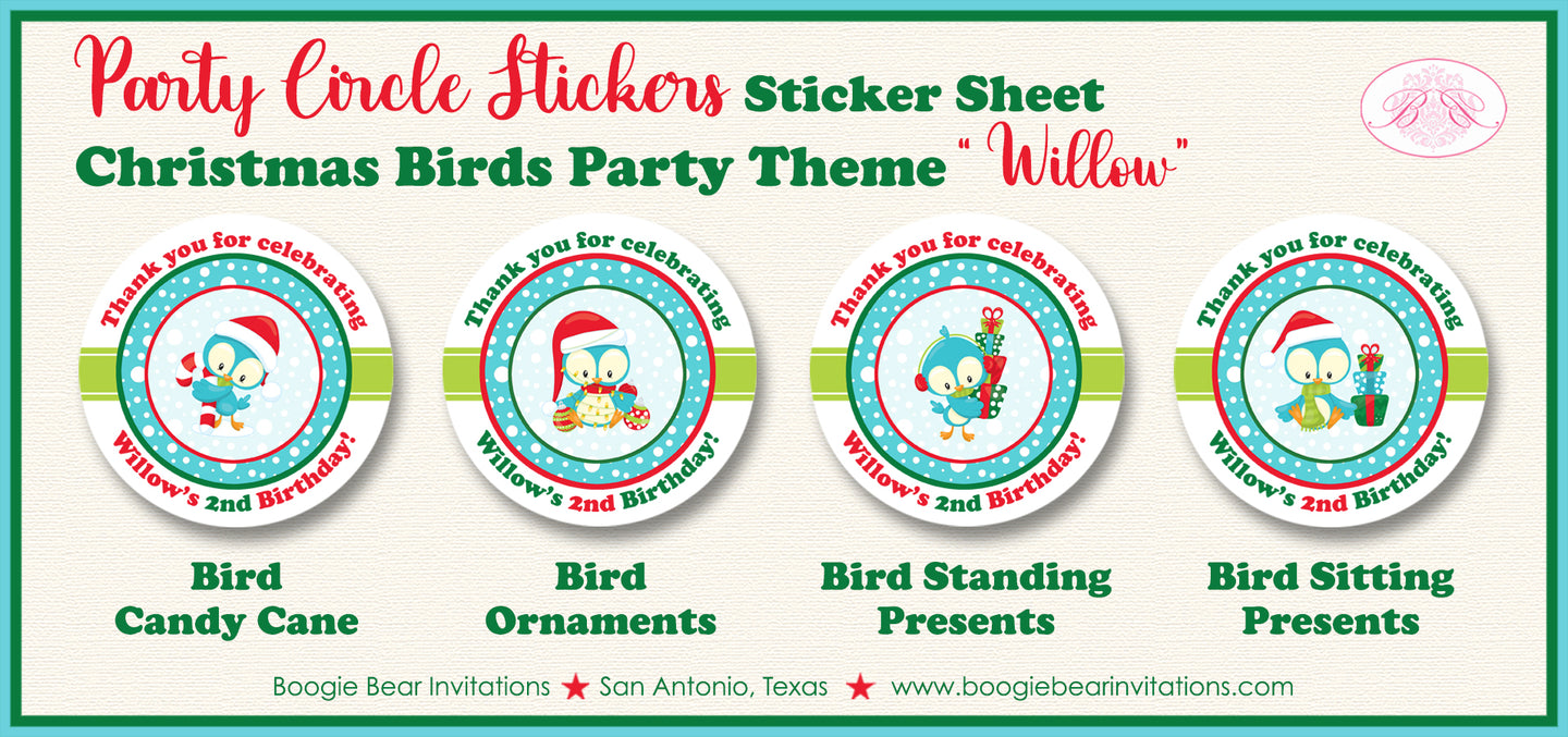 Christmas Birds Party Circle Stickers Birthday Winter Woodland Boogie Bear Invitations Willow Theme