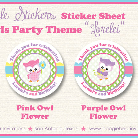 Spring Owls Birthday Party Stickers Circle Sheet Round Easter Boogie Bear Invitations Lorelei Theme