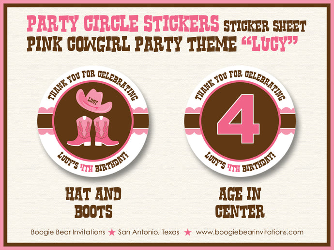 Pink Cowgirl Birthday Party Stickers Circle Sheet Round Girl Boogie Bear Invitations Lucy Theme