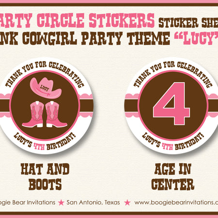 Pink Cowgirl Birthday Party Stickers Circle Sheet Round Girl Boogie Bear Invitations Lucy Theme