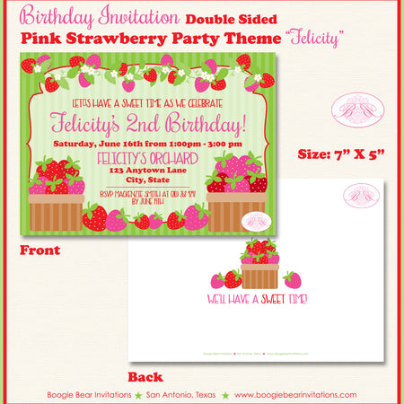 Pink Strawberry Birthday Party Invitation Boogie Bear Invitations Felicity Theme Paperless Printable Printed
