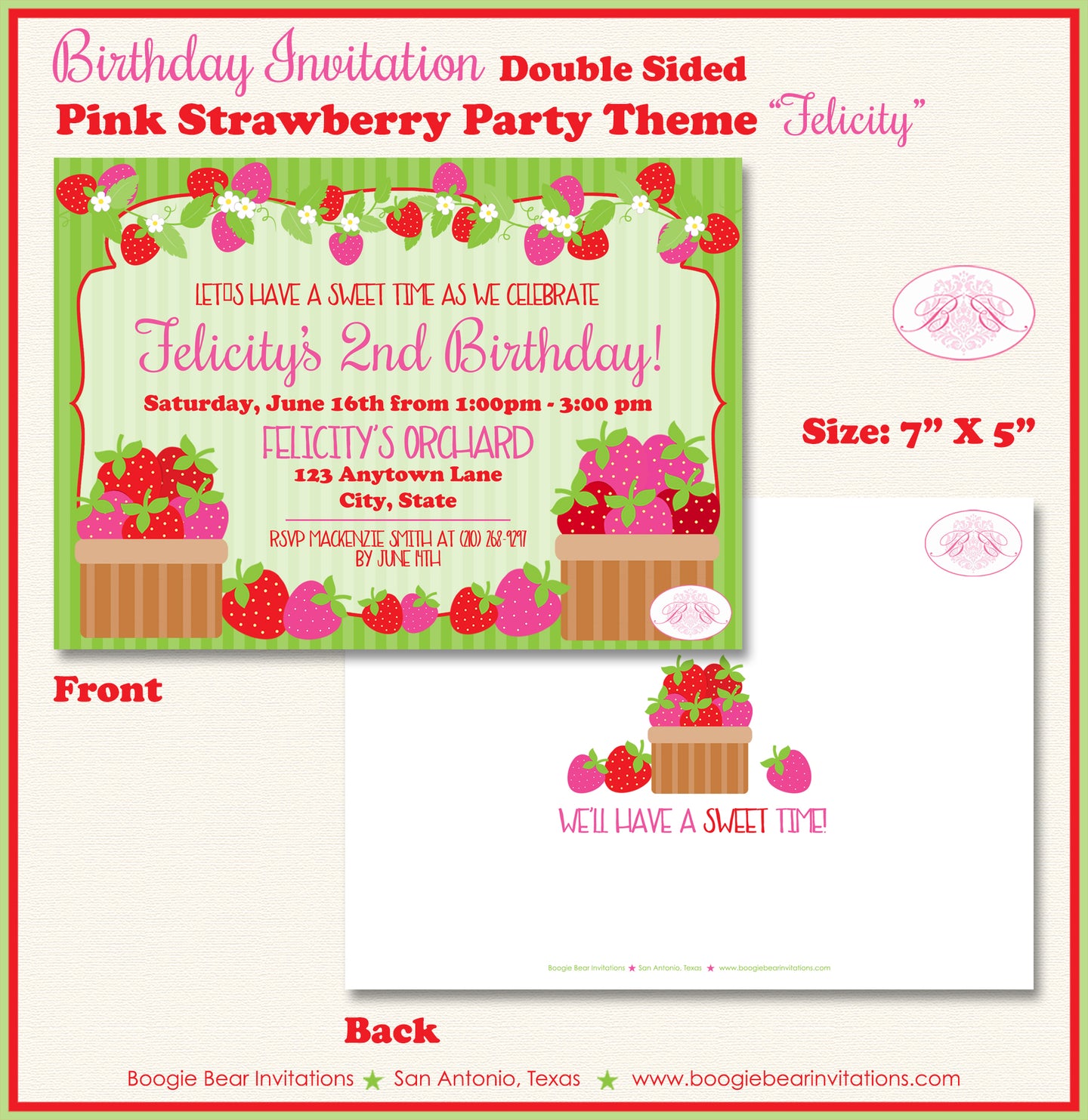 Pink Strawberry Birthday Party Invitation Boogie Bear Invitations Felicity Theme Paperless Printable Printed