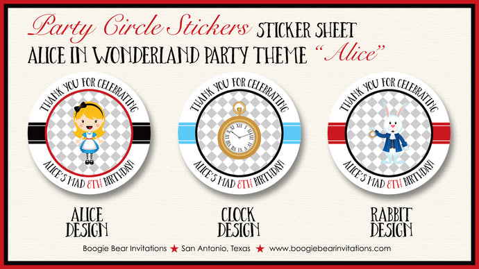 Alice in Wonderland Party Stickers Circle Sheet Birthday Queen of Hearts Boogie Bear Invitations Alice Theme