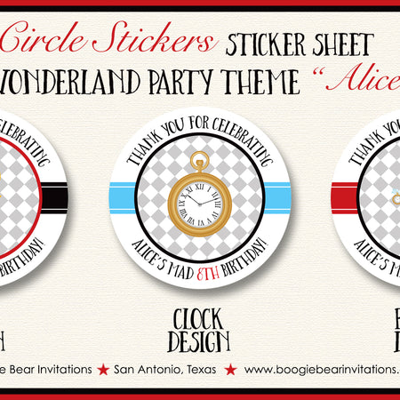 Alice in Wonderland Party Stickers Circle Sheet Birthday Queen of Hearts Boogie Bear Invitations Alice Theme